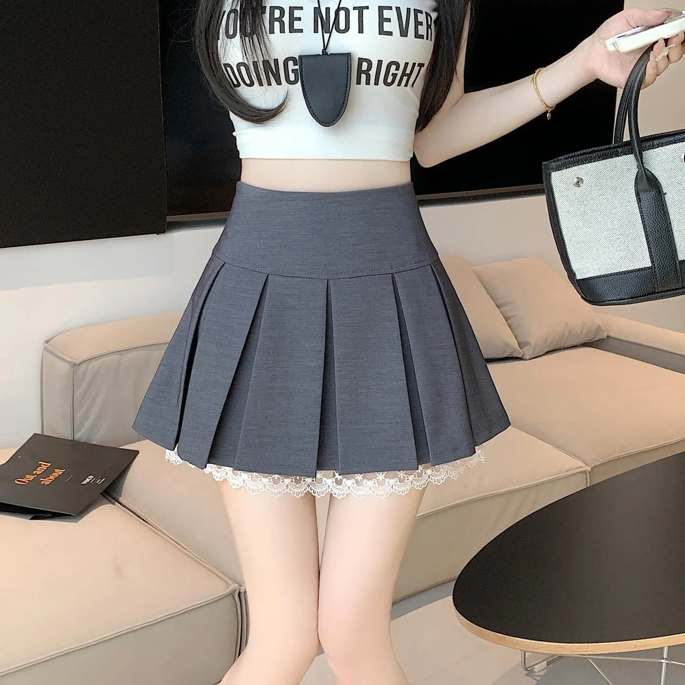 Elegant High-waisted A-line Skirt with Lace Detailing