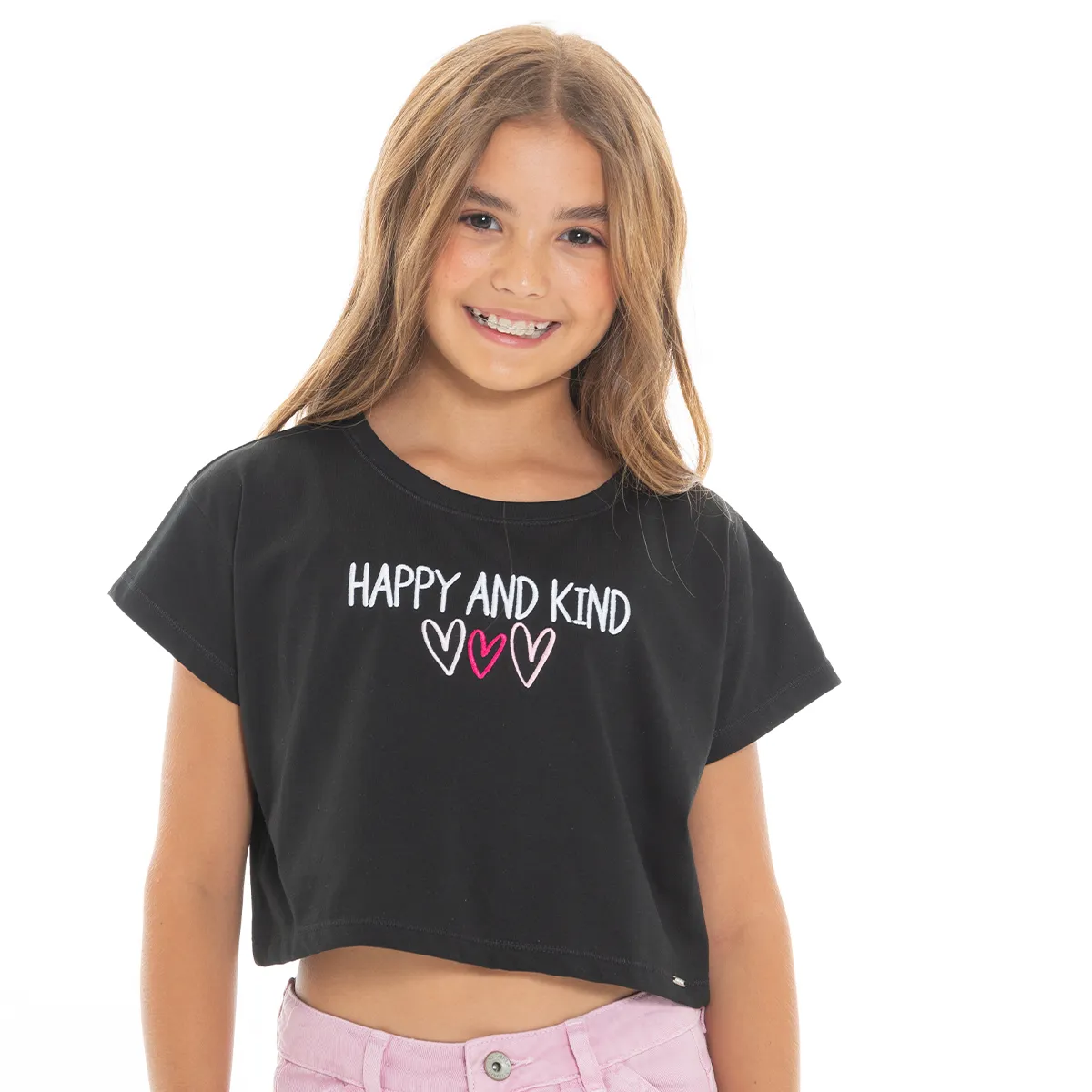 EMBROIDERED CROPPED T-SHIRT WITH ELASTIC WAISTBAND FOR GIRLS