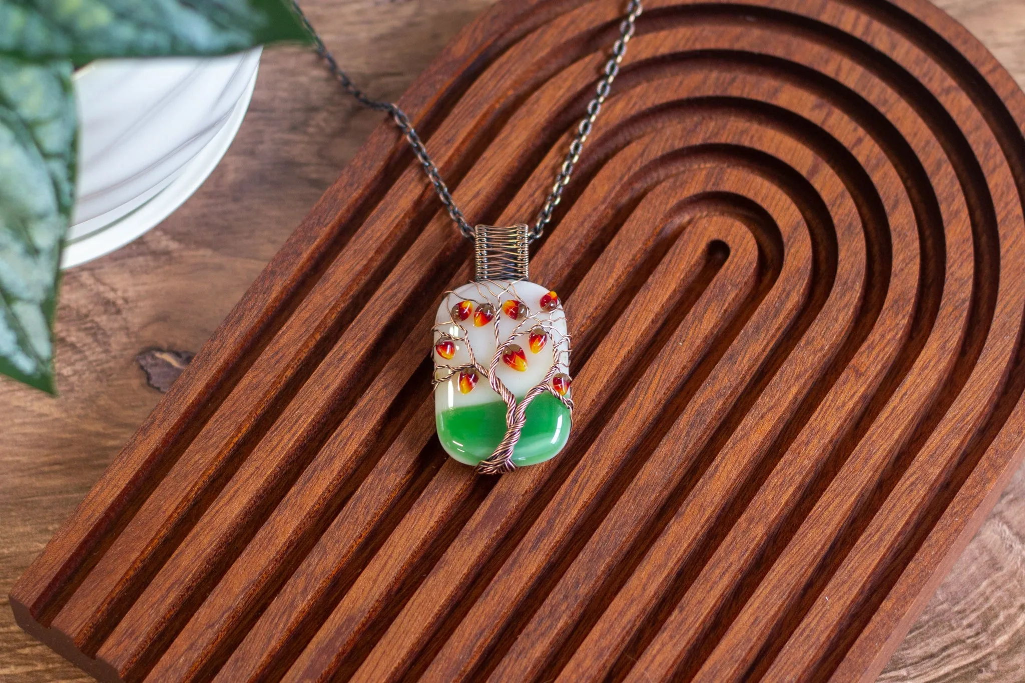 Fall Sunrise Fused Glass and Copper Wire Wrapped Tree of Life Pendant