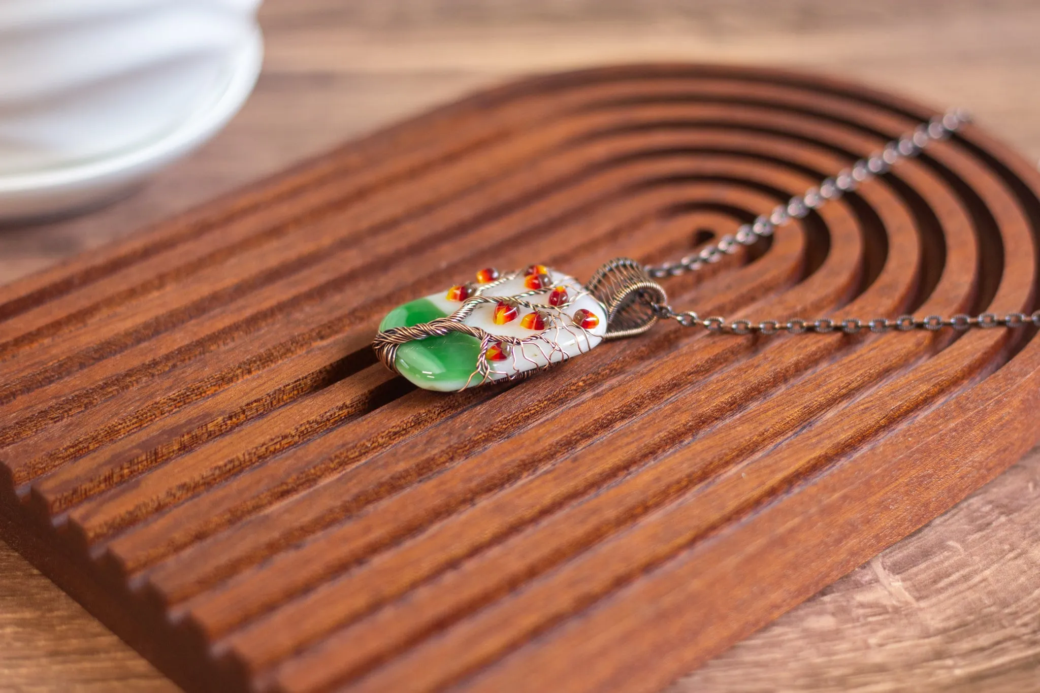 Fall Sunrise Fused Glass and Copper Wire Wrapped Tree of Life Pendant