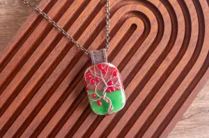Fall Sunset Fused Glass and Copper Wire Wrapped Tree of Life Pendant