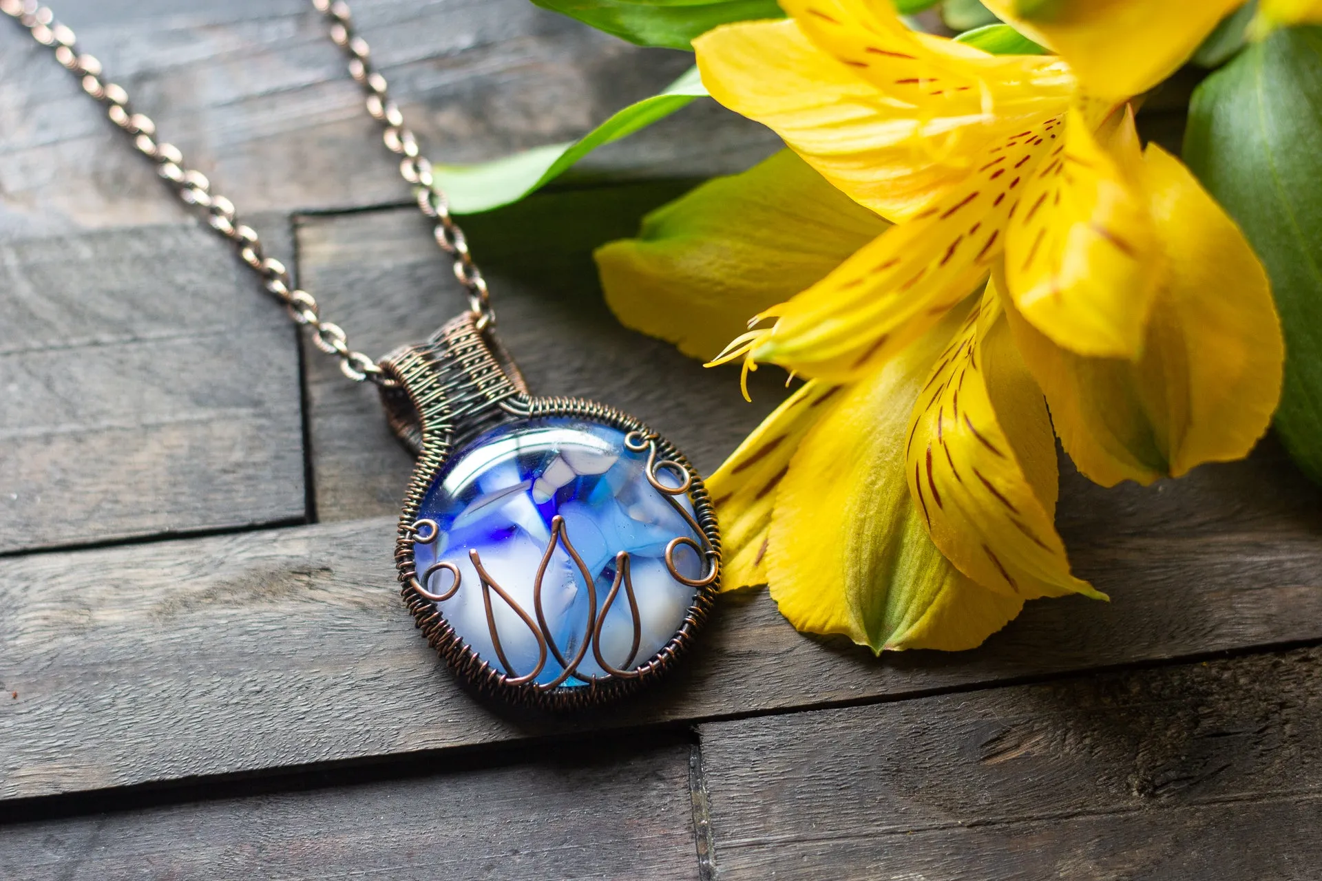 Flower In Bloom Blue and White Fused Glass and Copper Wire Pendant