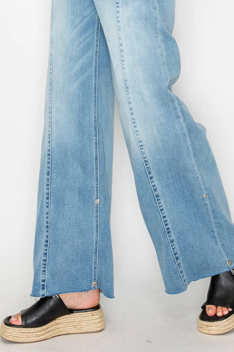 FRONT HEM DETAILING MID RISE BAGGY WIDE LEG JEANS