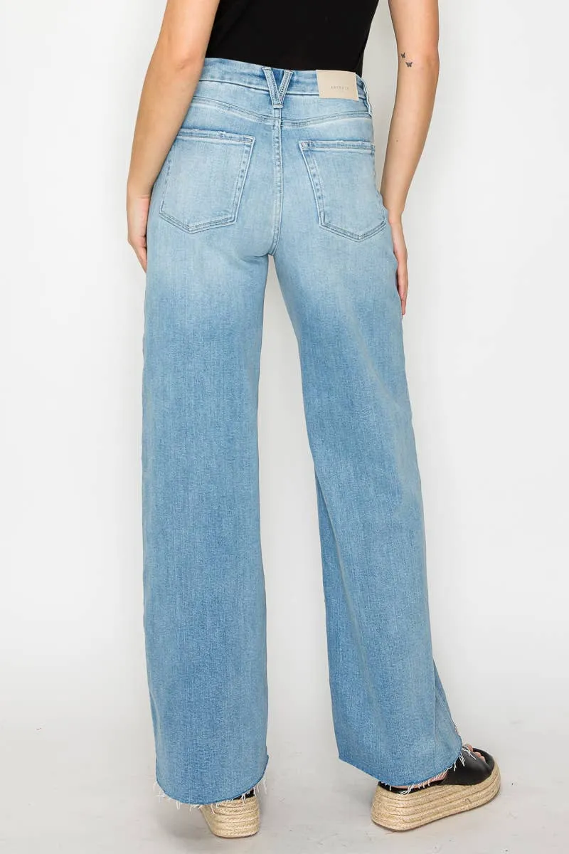 FRONT HEM DETAILING MID RISE BAGGY WIDE LEG JEANS