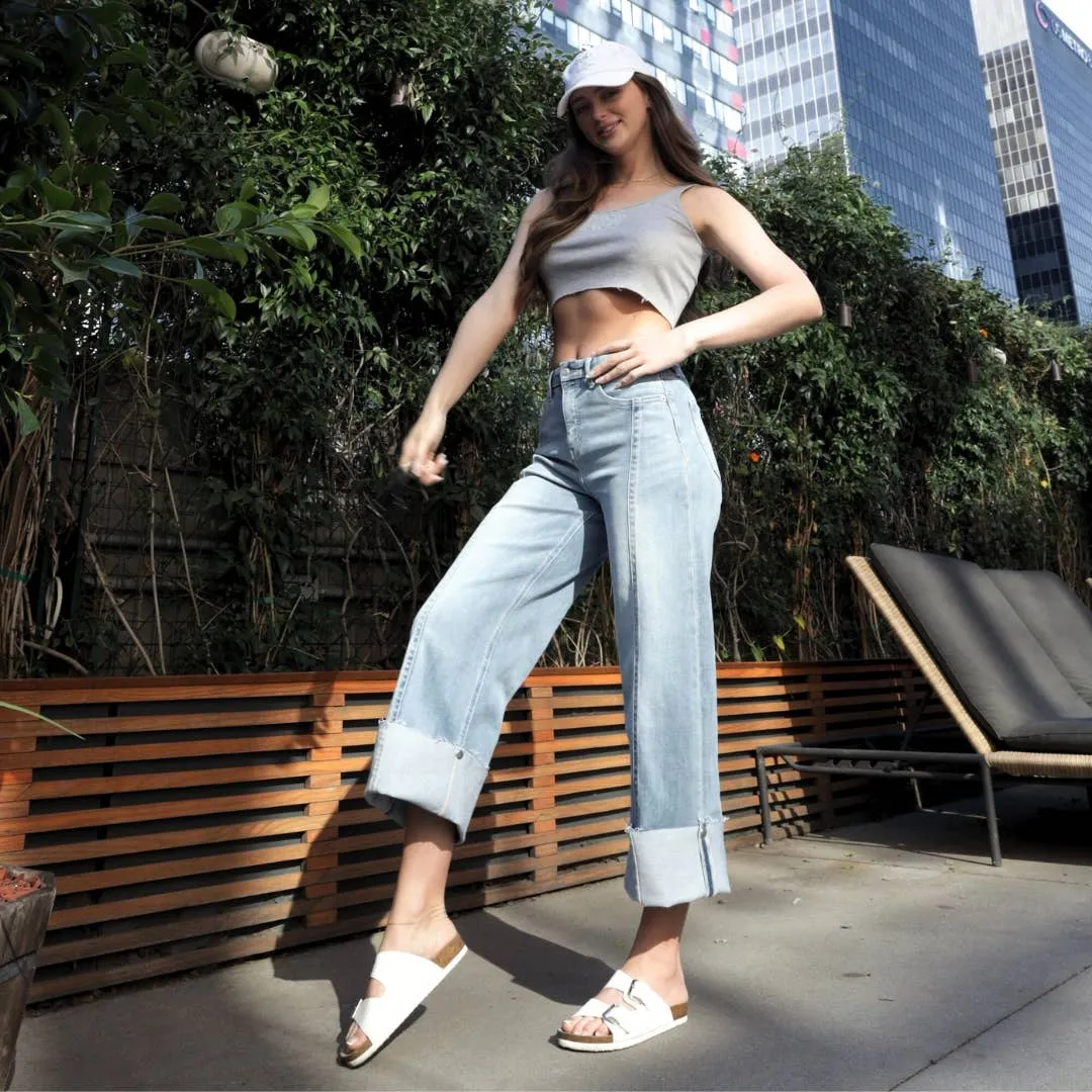 FRONT HEM DETAILING MID RISE BAGGY WIDE LEG JEANS