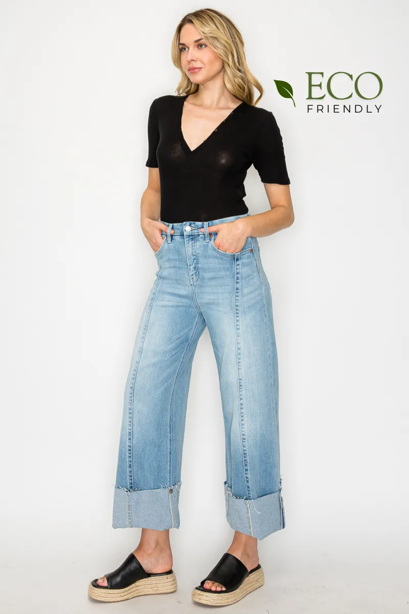 FRONT HEM DETAILING MID RISE BAGGY WIDE LEG JEANS