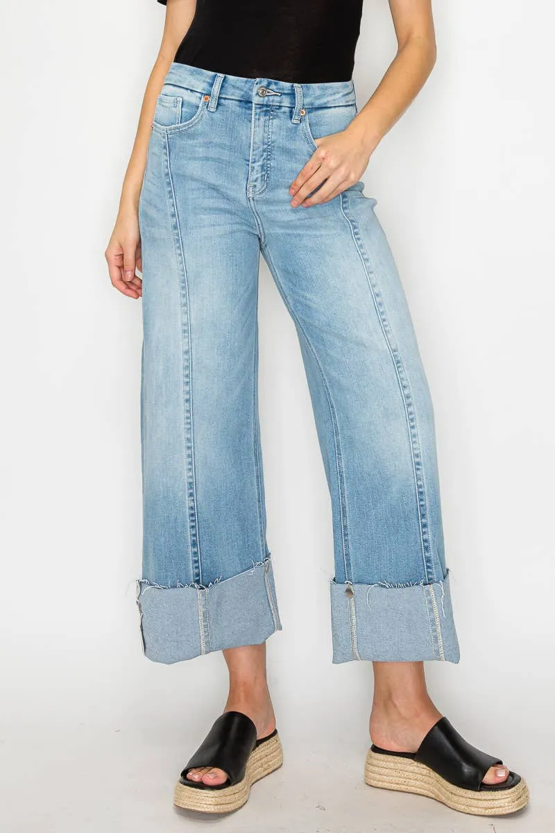 FRONT HEM DETAILING MID RISE BAGGY WIDE LEG JEANS