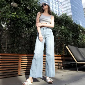 FRONT HEM DETAILING MID RISE BAGGY WIDE LEG JEANS