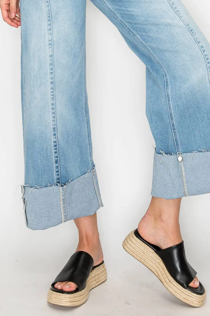 FRONT HEM DETAILING MID RISE BAGGY WIDE LEG JEANS