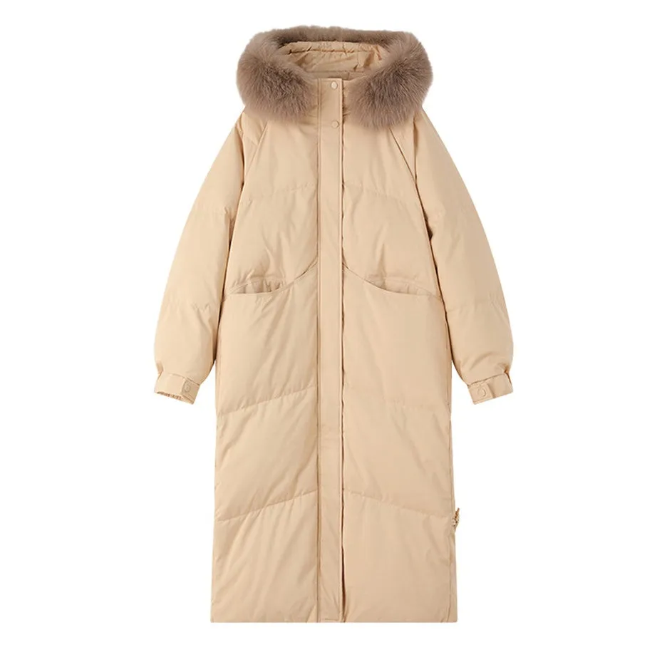 Full Zip Relaxed-Fit Calf-Length Puffer Jacket for Women