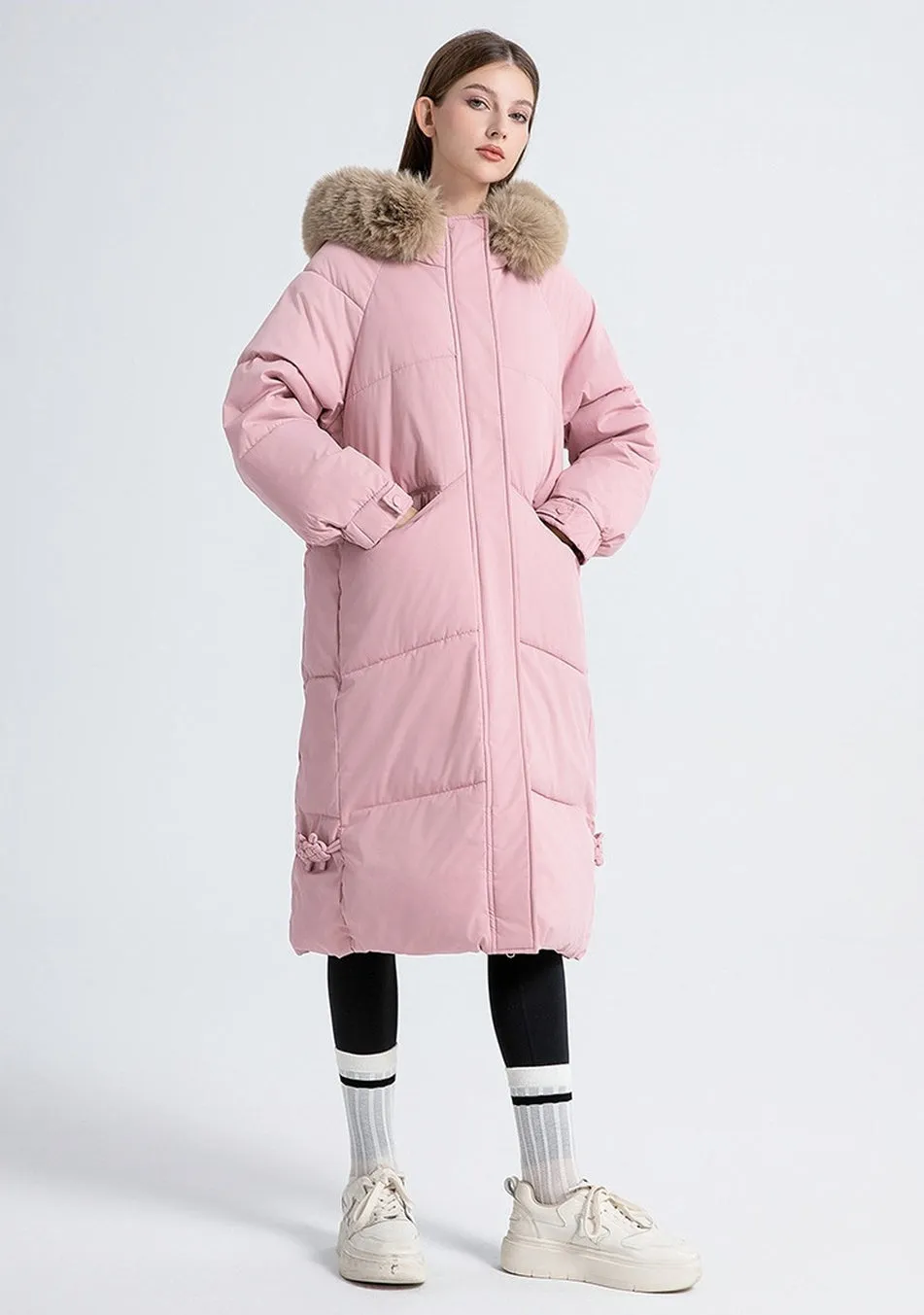 Full Zip Relaxed-Fit Calf-Length Puffer Jacket for Women