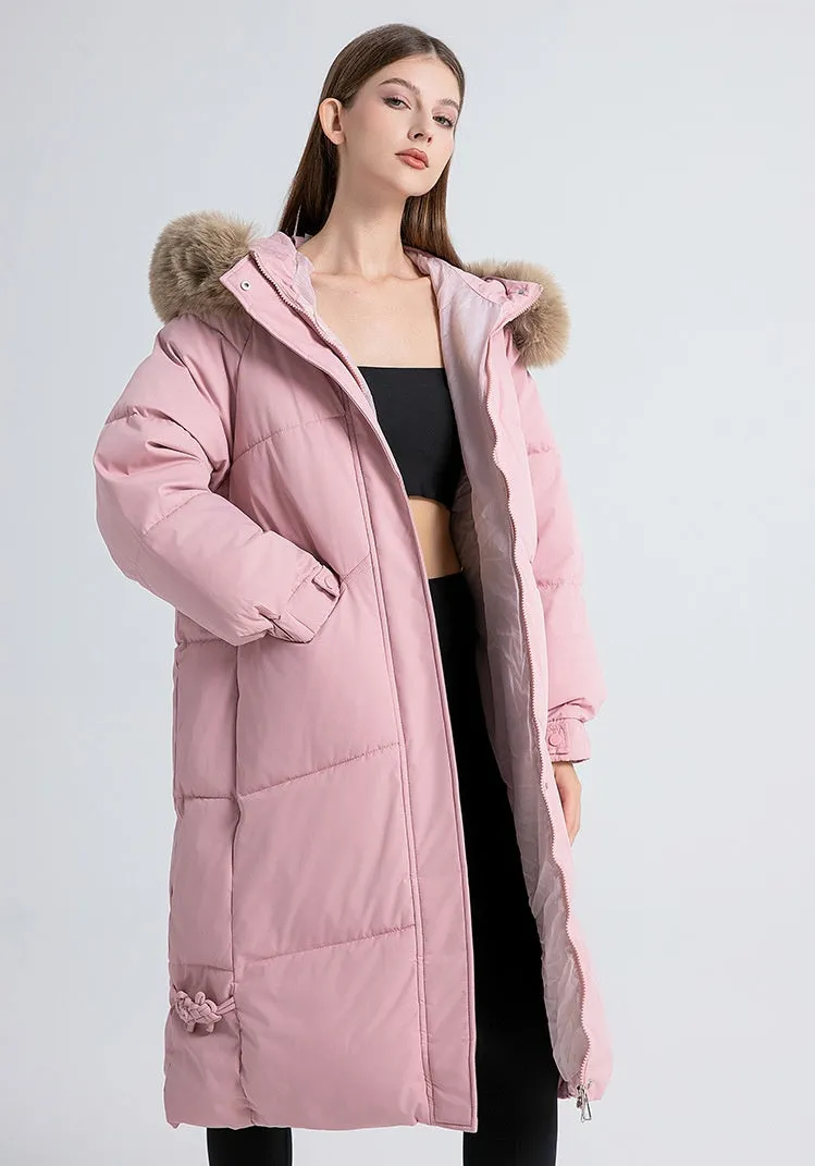 Full Zip Relaxed-Fit Calf-Length Puffer Jacket for Women