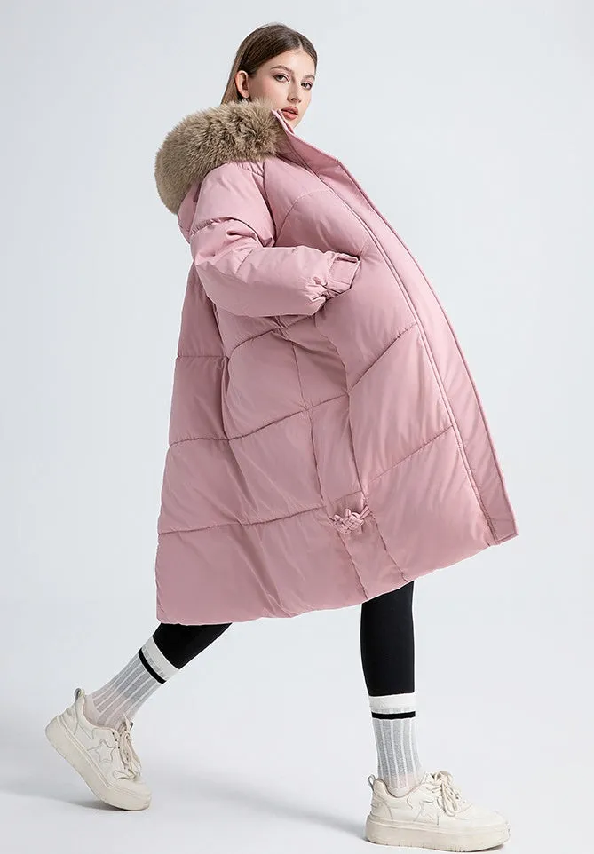 Full Zip Relaxed-Fit Calf-Length Puffer Jacket for Women