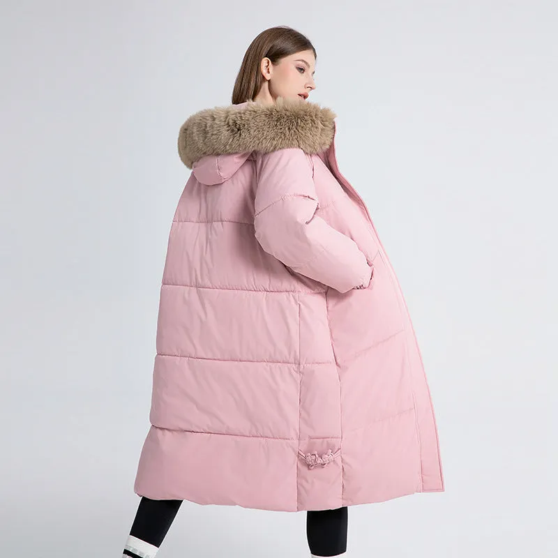 Full Zip Relaxed-Fit Calf-Length Puffer Jacket for Women