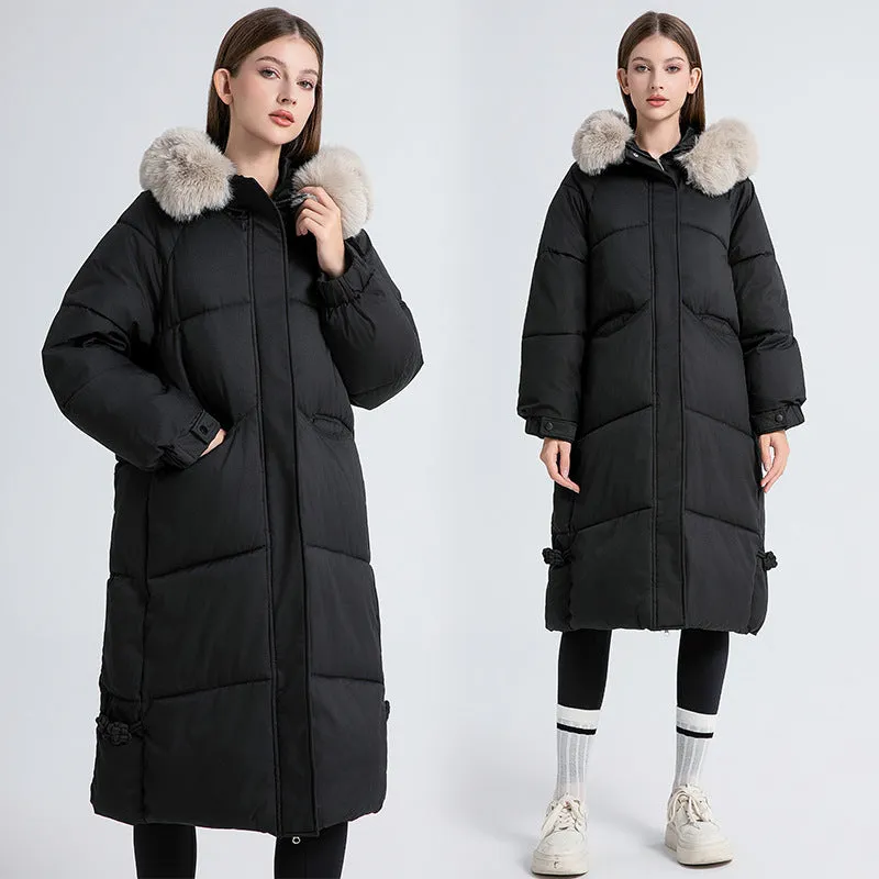 Full Zip Relaxed-Fit Calf-Length Puffer Jacket for Women