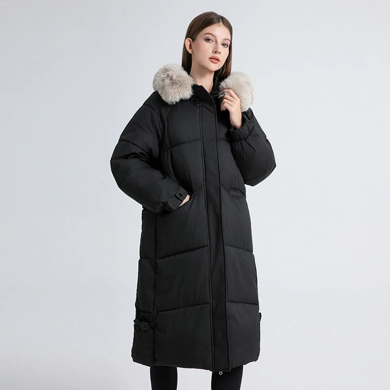 Full Zip Relaxed-Fit Calf-Length Puffer Jacket for Women
