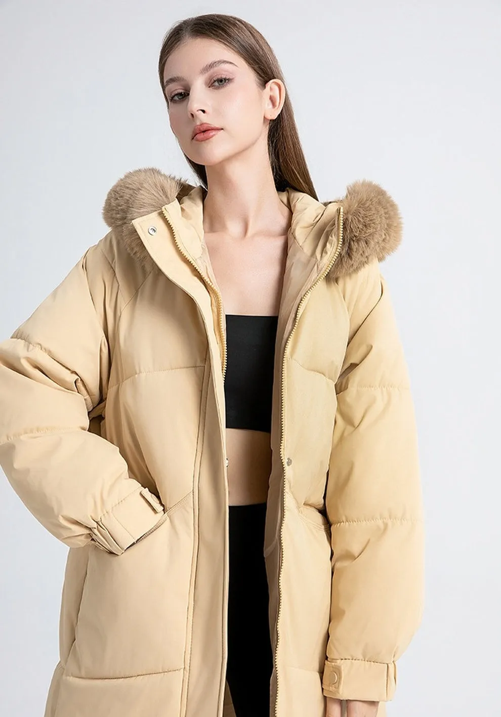 Full Zip Relaxed-Fit Calf-Length Puffer Jacket for Women