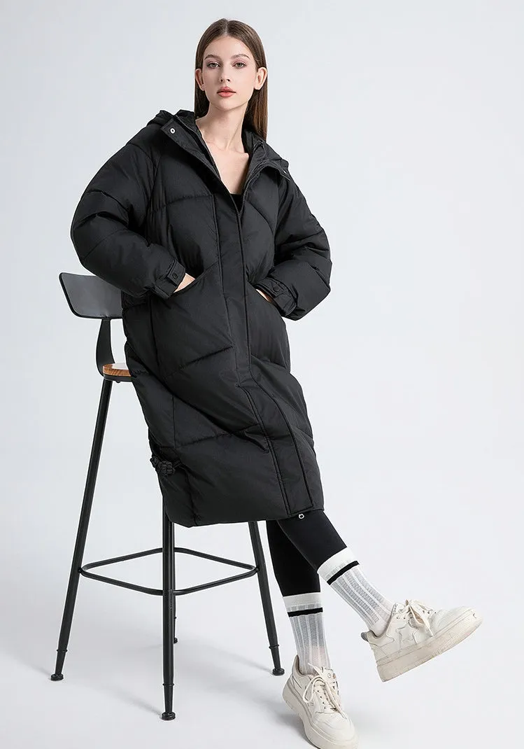 Full Zip Relaxed-Fit Calf-Length Puffer Jacket for Women