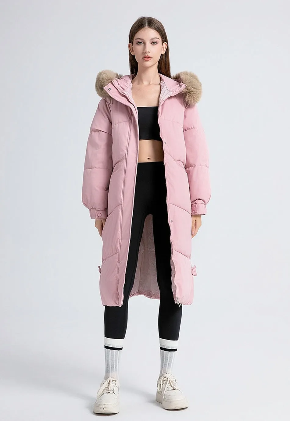 Full Zip Relaxed-Fit Calf-Length Puffer Jacket for Women