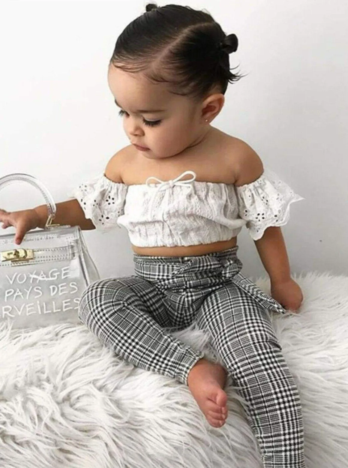 Girls White Eyelet Off the Shoulder Top & Plaid Belted Pants Set