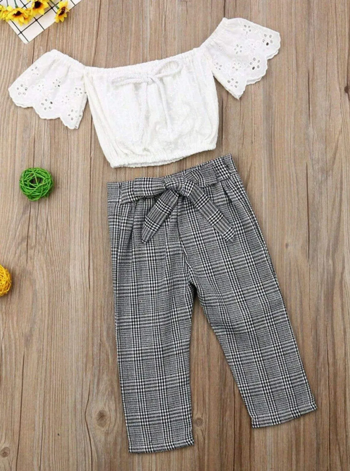 Girls White Eyelet Off the Shoulder Top & Plaid Belted Pants Set