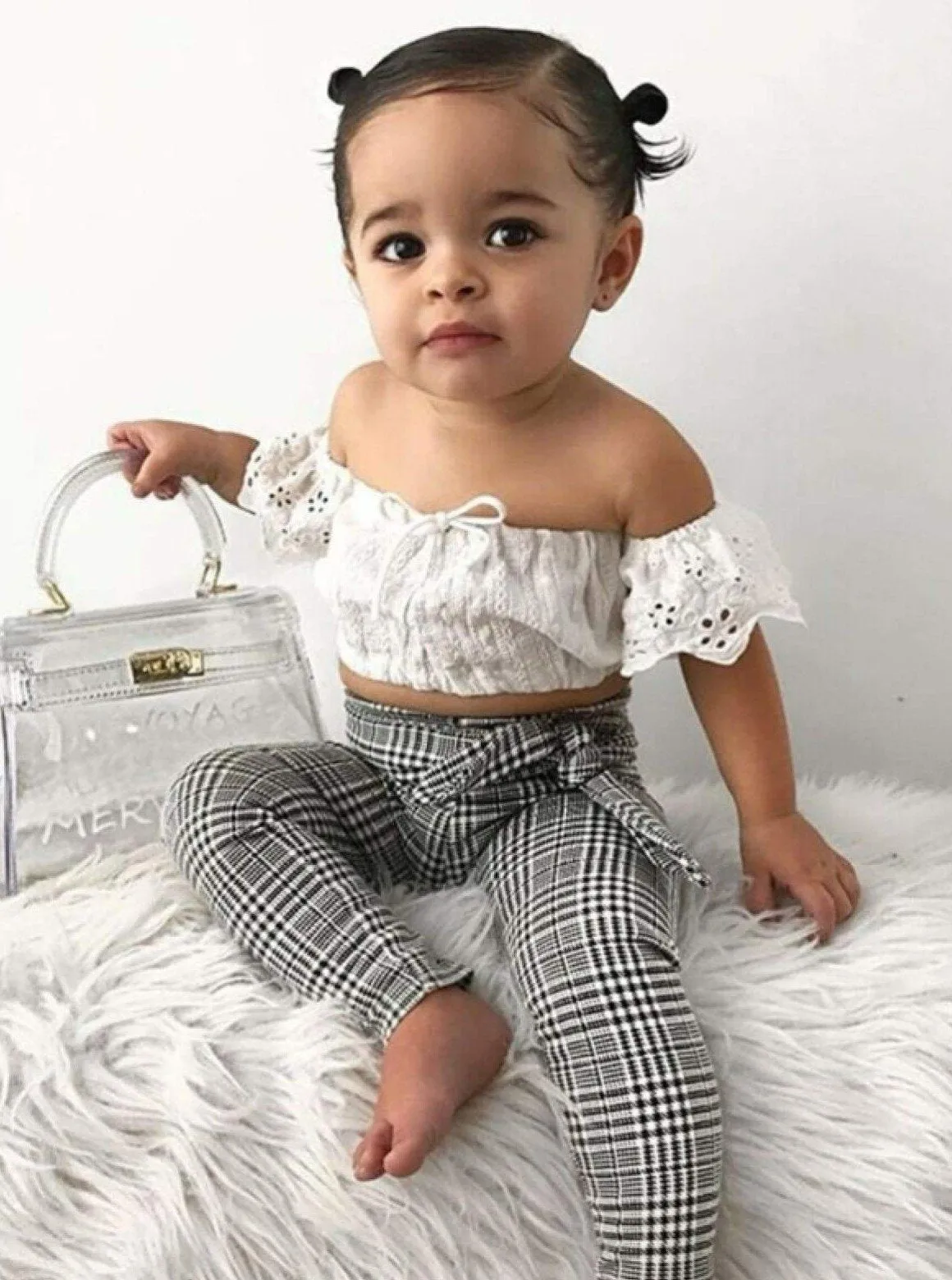 Girls White Eyelet Off the Shoulder Top & Plaid Belted Pants Set