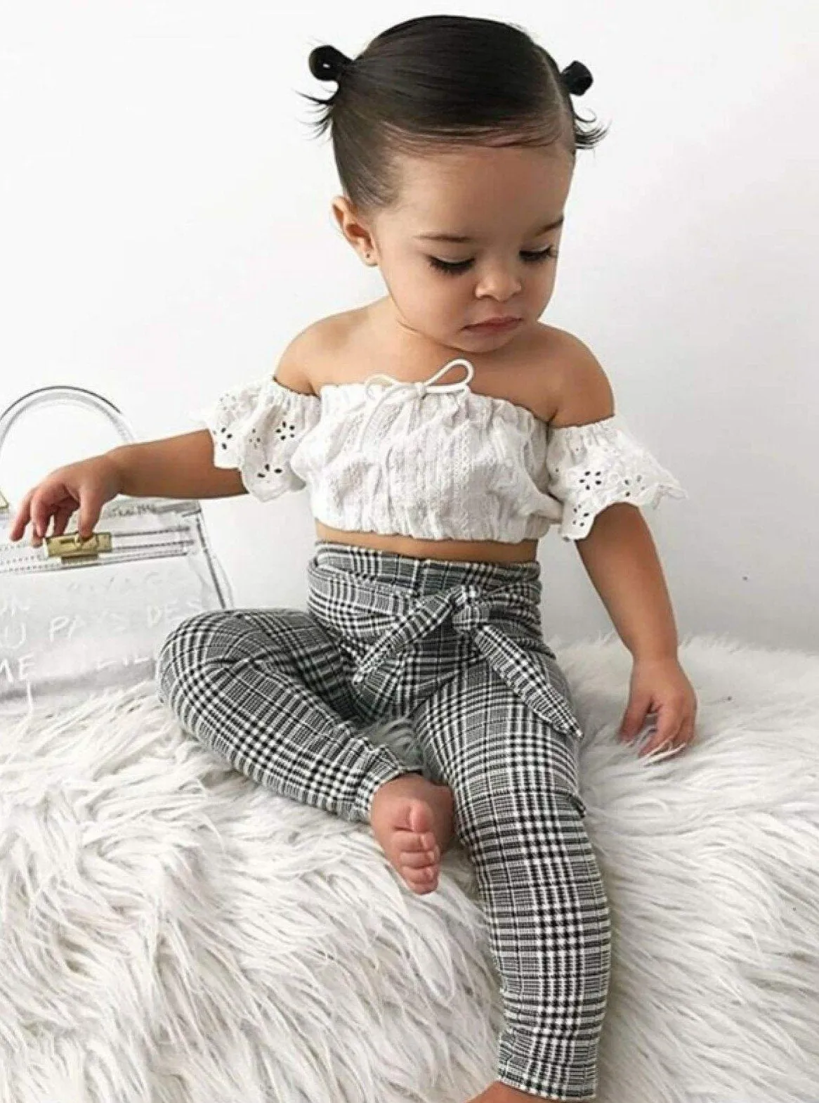 Girls White Eyelet Off the Shoulder Top & Plaid Belted Pants Set