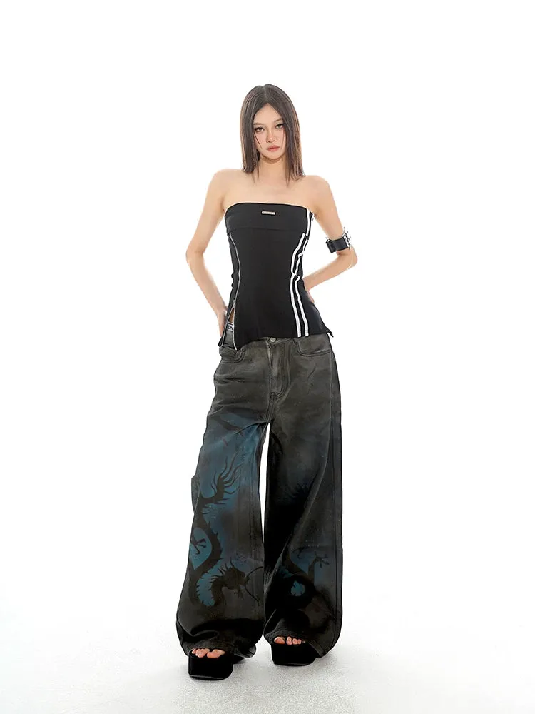 Graffiti Dragon Wide Leg Denim Jeans