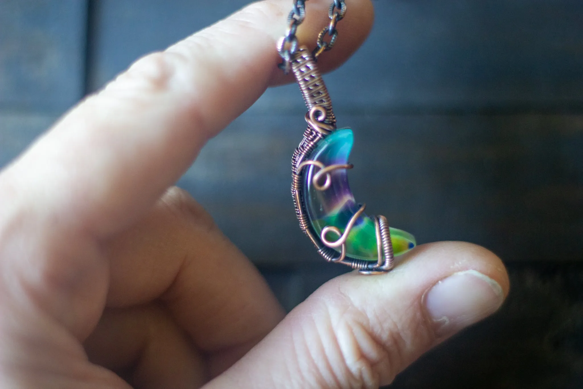 Green and Purple Crescent Moon Pendant with Copper Wire Wrapping