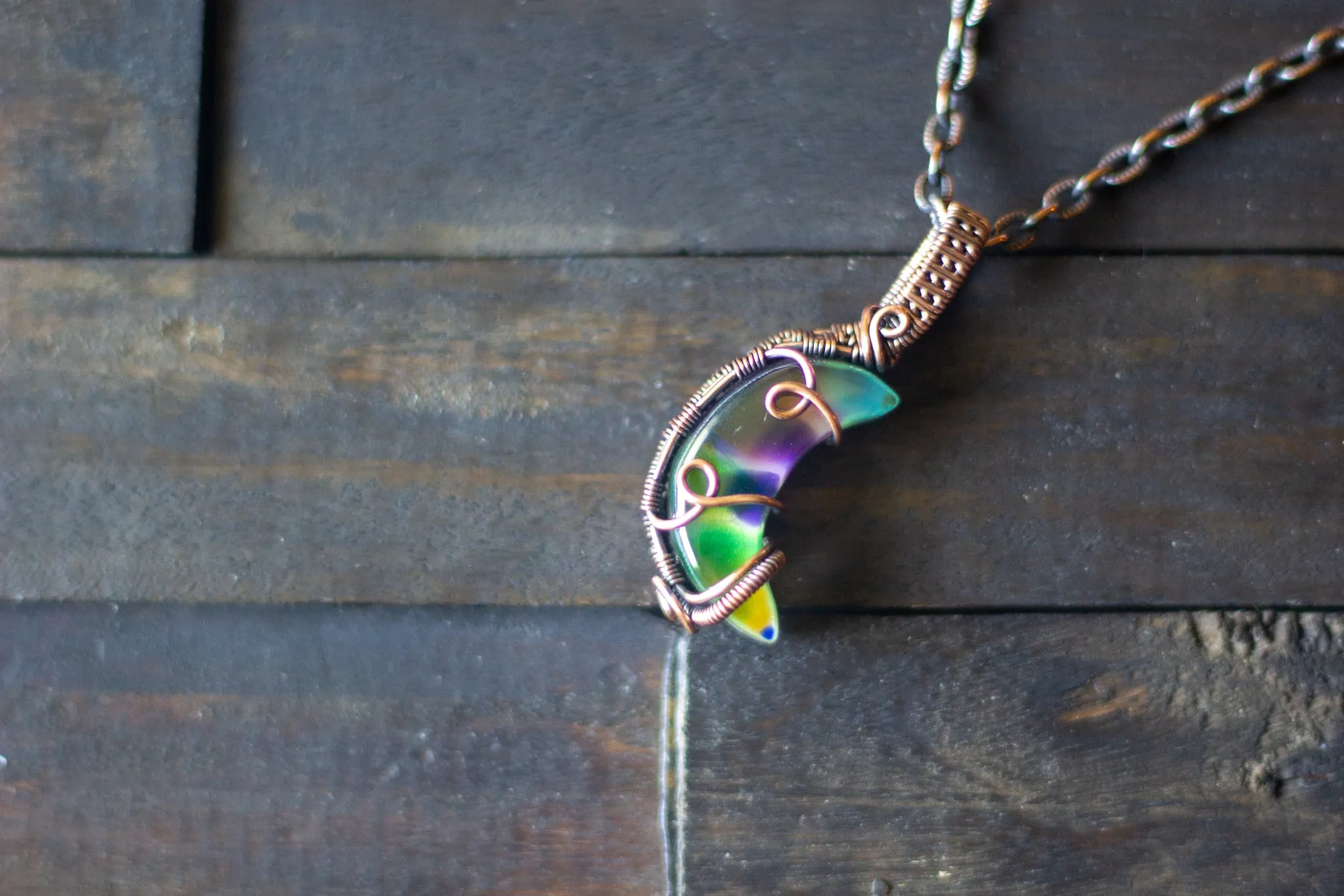Green and Purple Crescent Moon Pendant with Copper Wire Wrapping