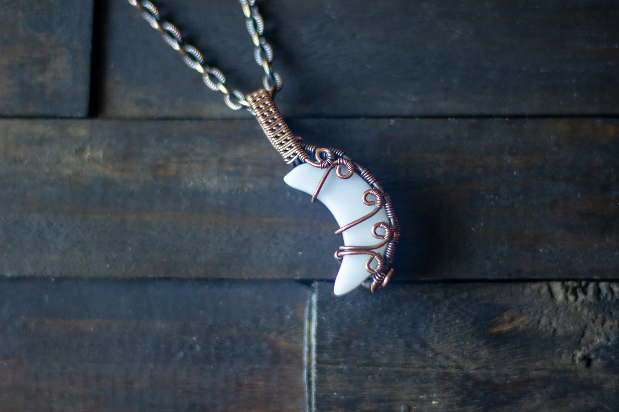 Green and Purple Crescent Moon Pendant with Copper Wire Wrapping