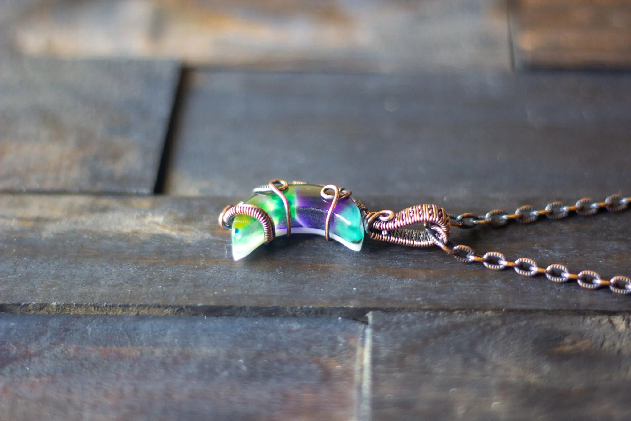 Green and Purple Crescent Moon Pendant with Copper Wire Wrapping
