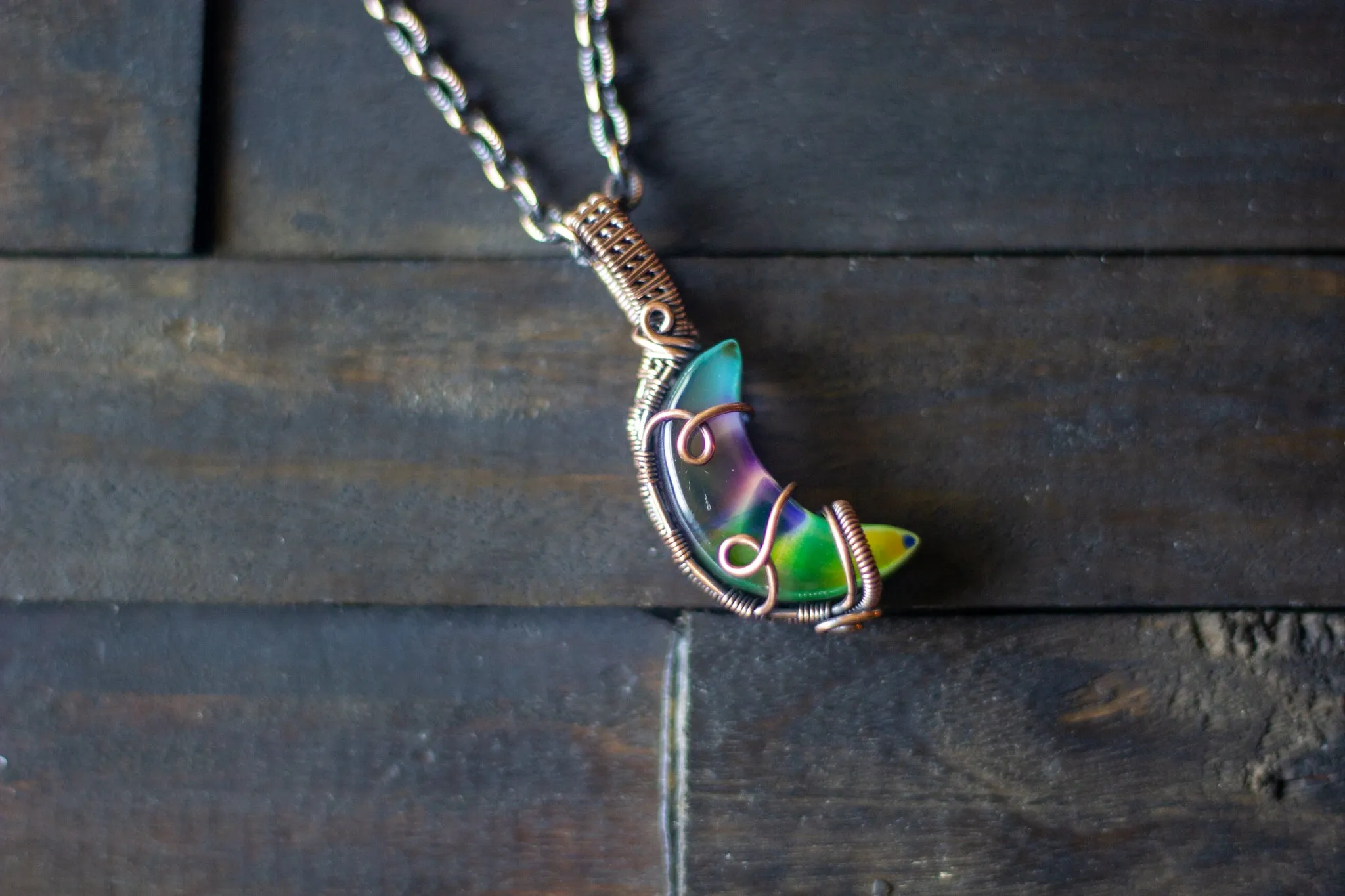 Green and Purple Crescent Moon Pendant with Copper Wire Wrapping