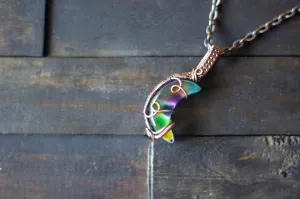 Green and Purple Crescent Moon Pendant with Copper Wire Wrapping