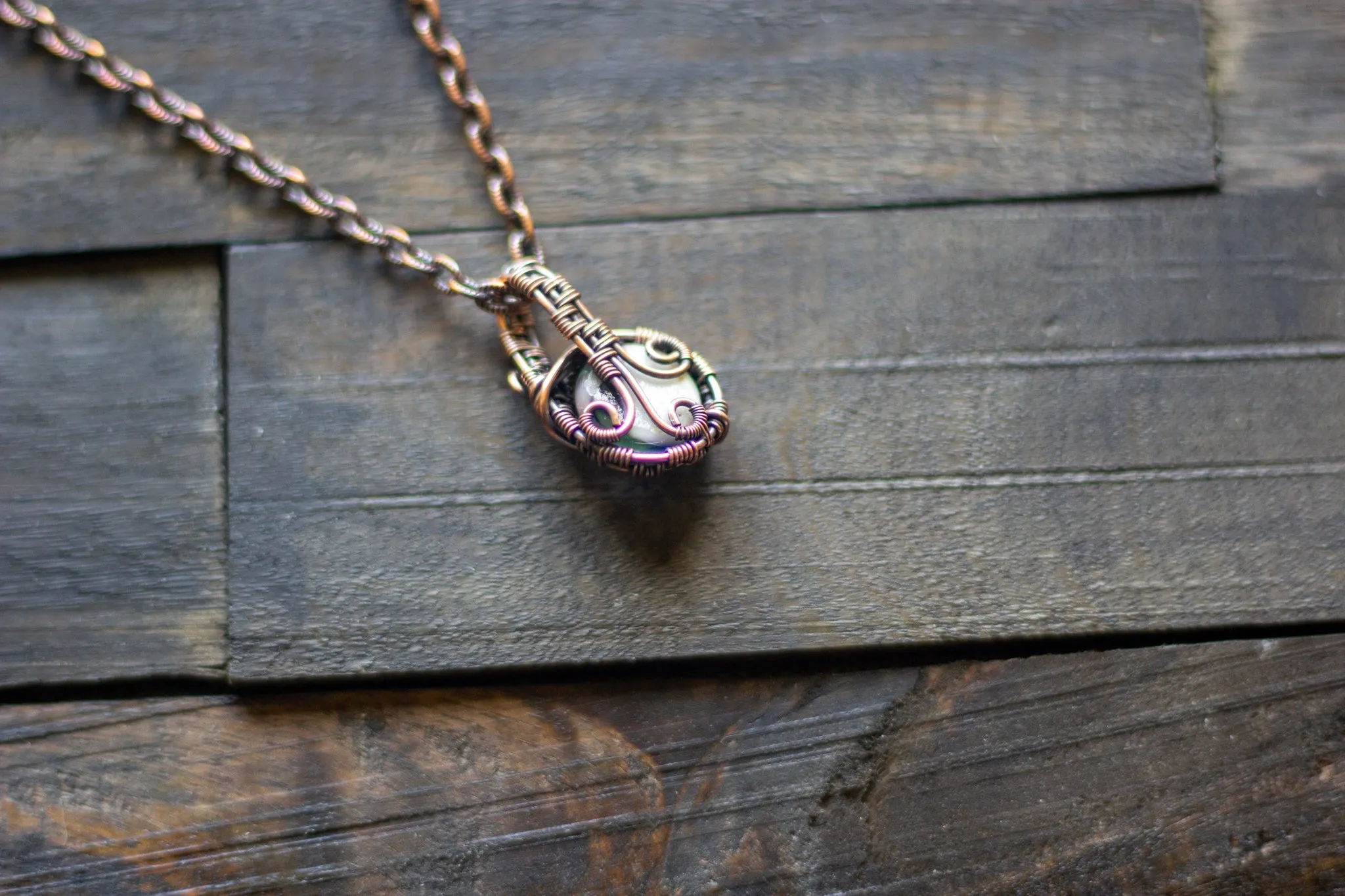 Green and Purple Fused Glass Mini Pendant with Copper Wire Wrapping