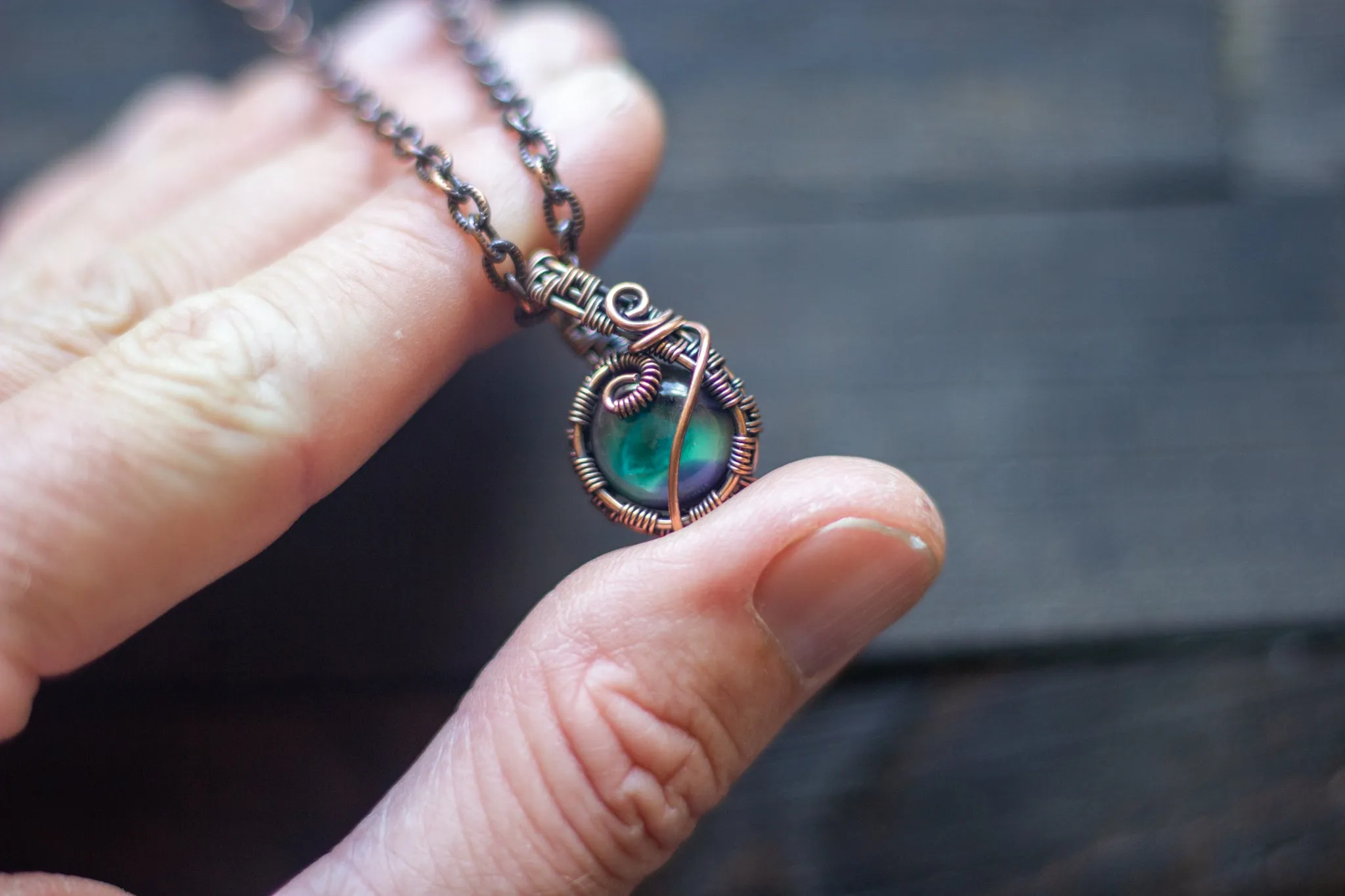 Green and Purple Fused Glass Mini Pendant with Copper Wire Wrapping