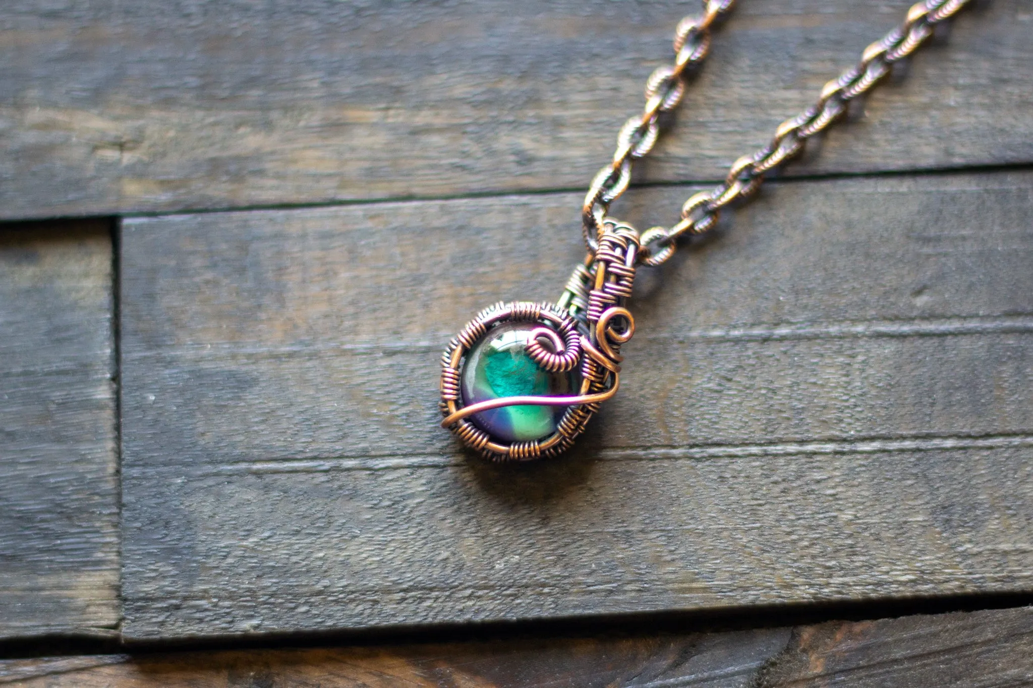 Green and Purple Fused Glass Mini Pendant with Copper Wire Wrapping