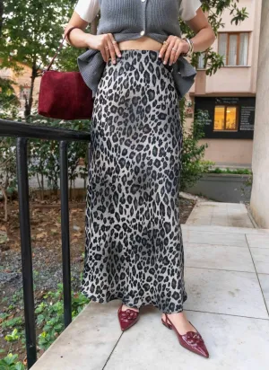 Grey Leopard Satin A Line Skirt