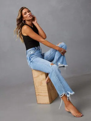 GYPSY GIRL - Washed Ripped Wide Leg Jeans