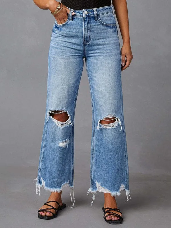 GYPSY GIRL - Washed Ripped Wide Leg Jeans