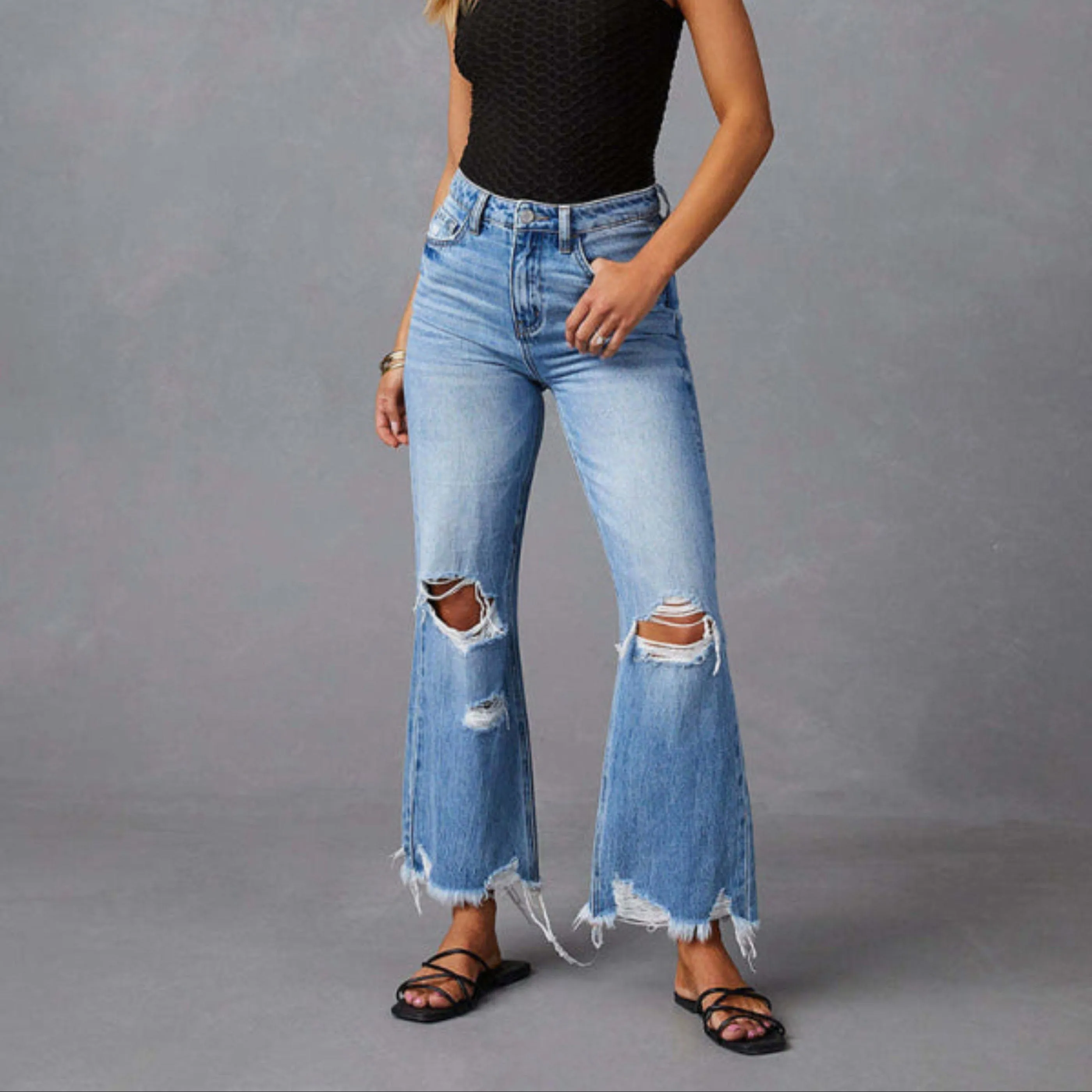 GYPSY GIRL - Washed Ripped Wide Leg Jeans