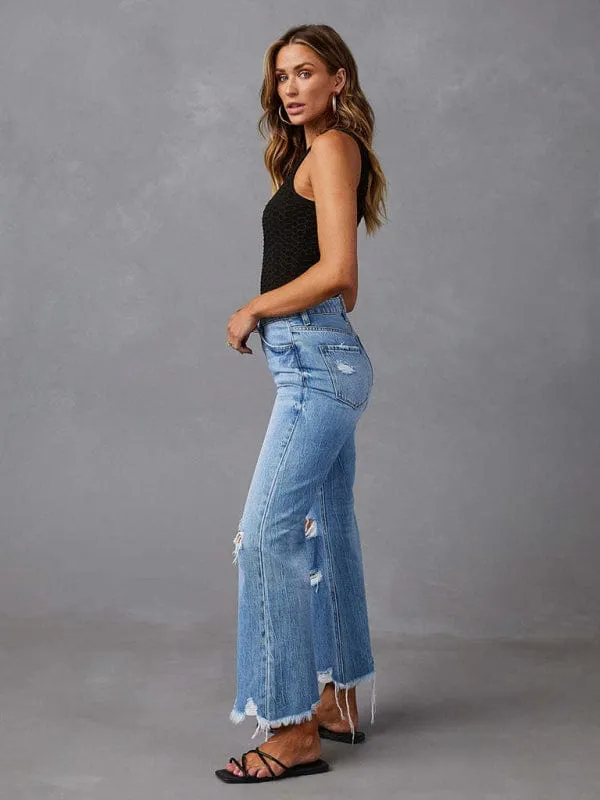 GYPSY GIRL - Washed Ripped Wide Leg Jeans