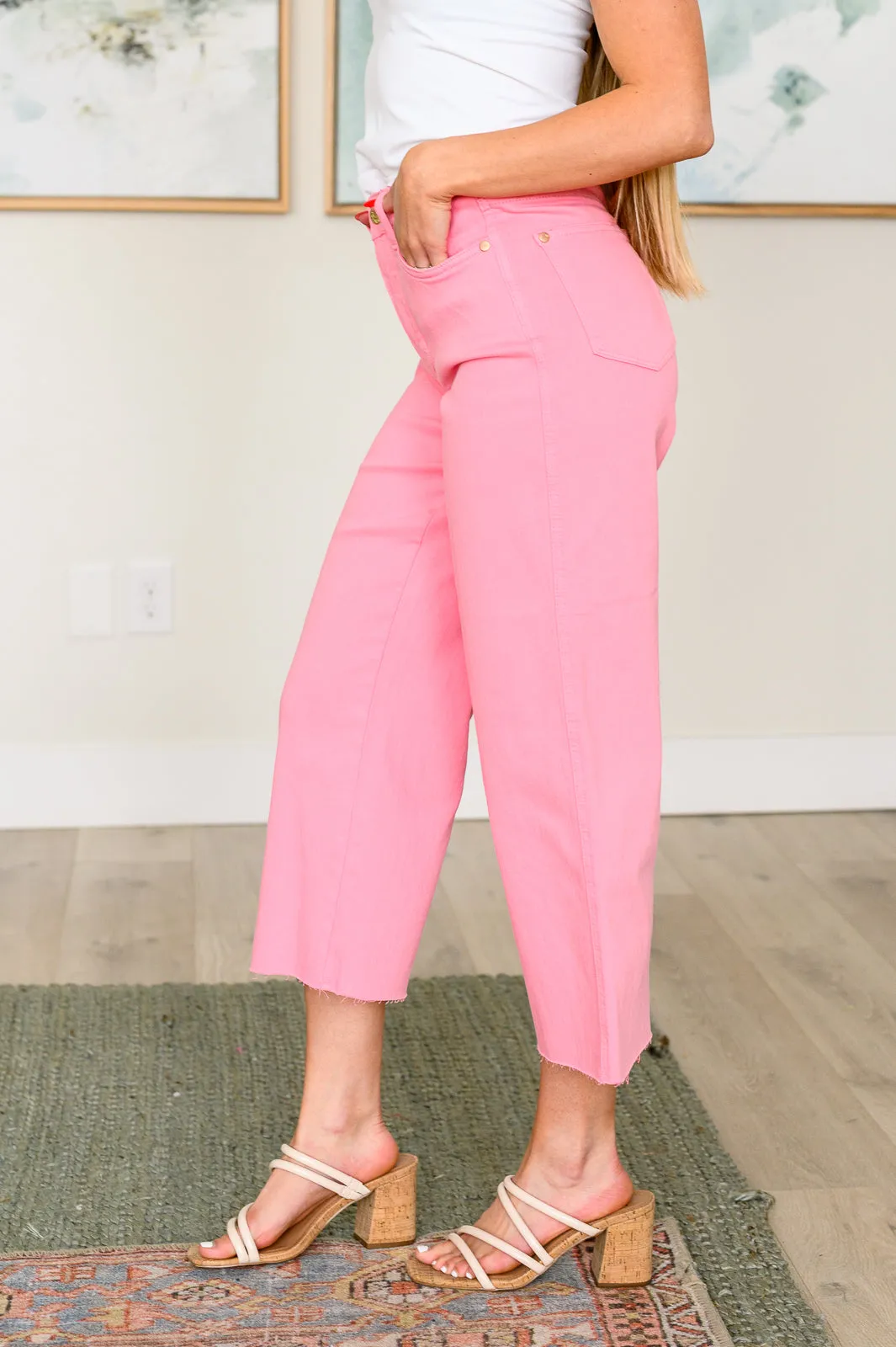Hazel Blues® |  Lisa High Rise Control Top Wide Leg Crop Jeans in Pink