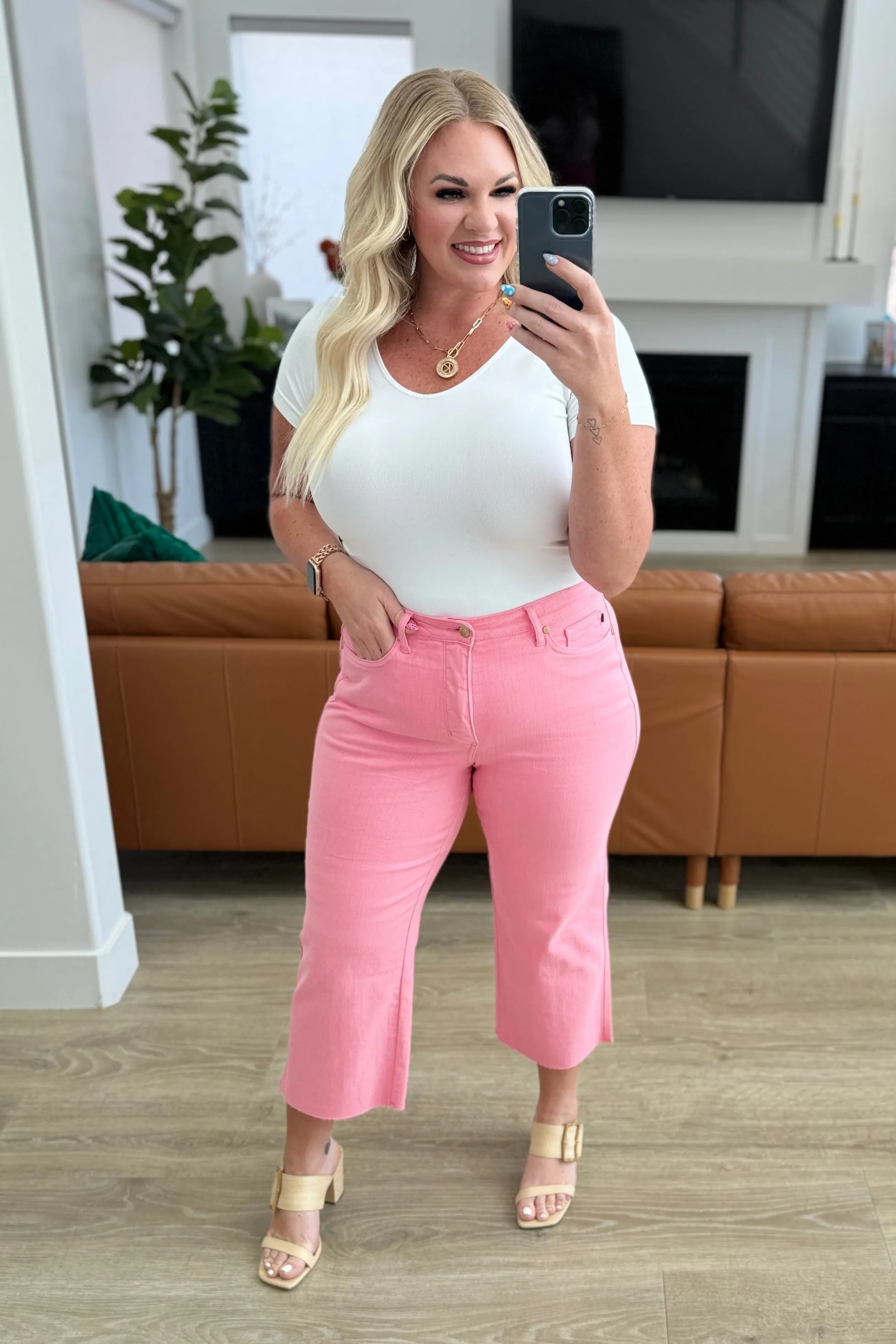 Hazel Blues® |  Lisa High Rise Control Top Wide Leg Crop Jeans in Pink