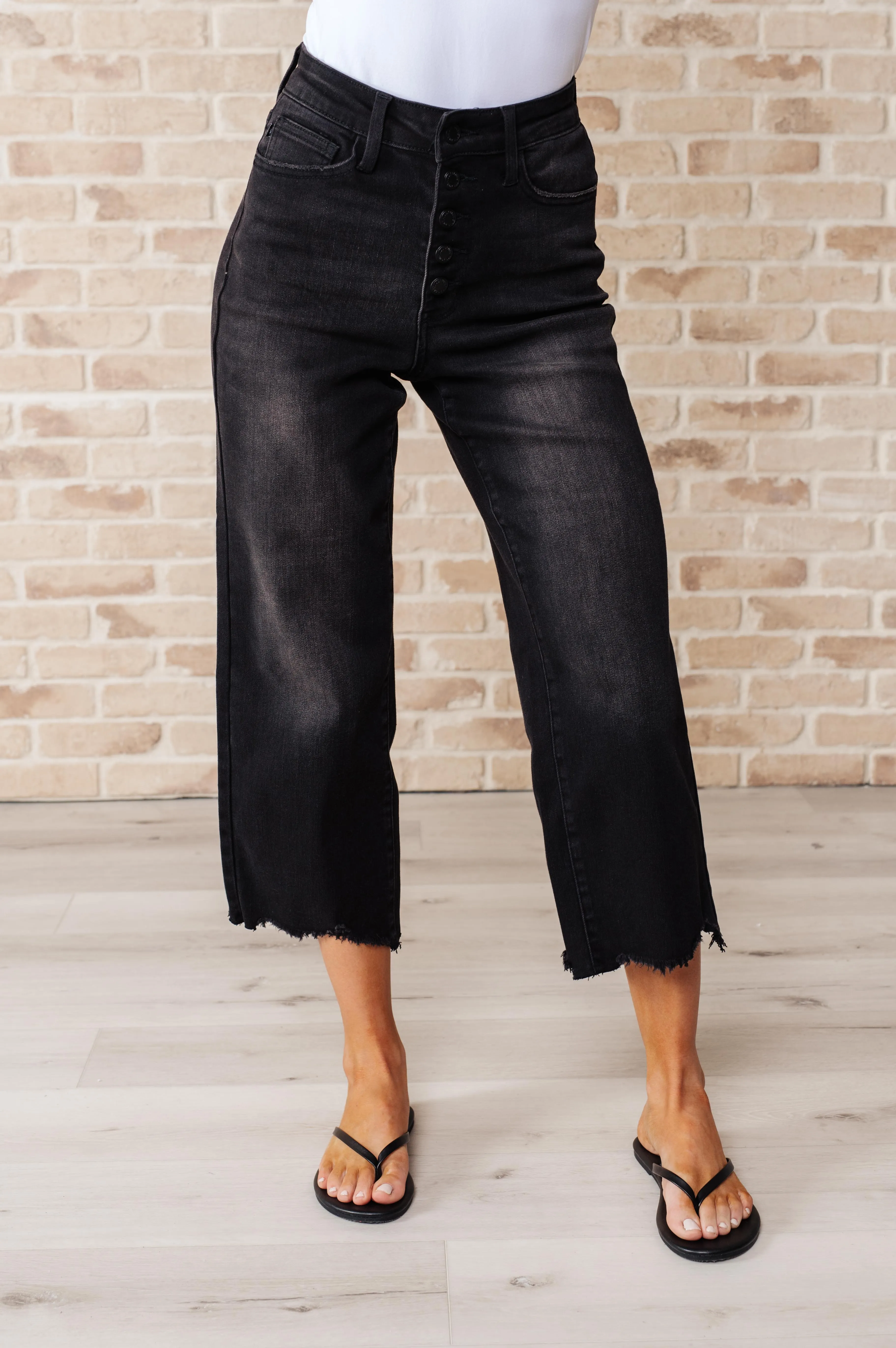 Hazel Blues® |  Ryan High Rise Button Fly Wide Leg Crop Jeans