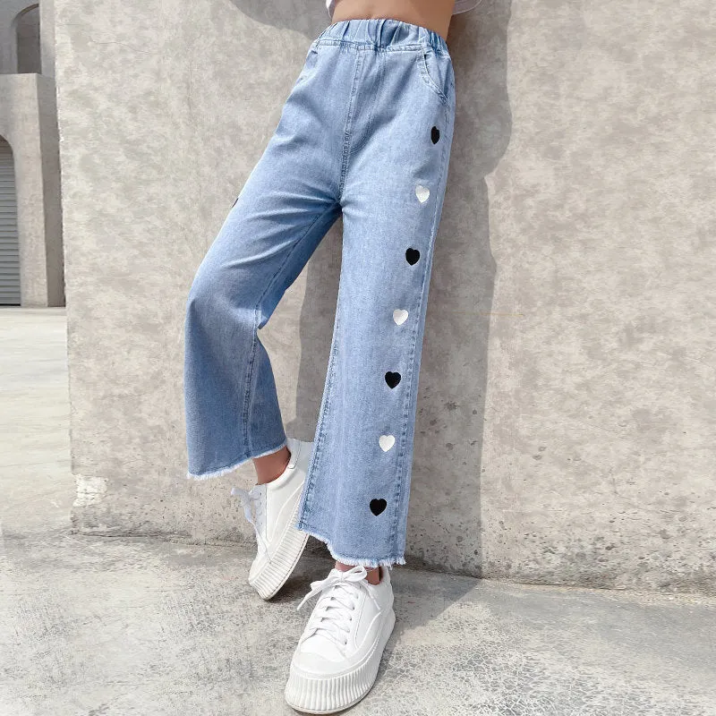 Heart Denim Wide Leg Pants Jeans For Girls 5-14Y