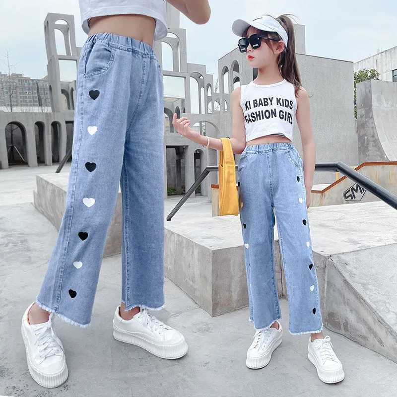 Heart Denim Wide Leg Pants Jeans For Girls 5-14Y