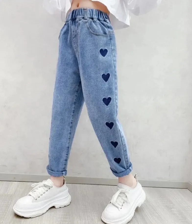 Heart Denim Wide Leg Pants Jeans For Girls 5-14Y