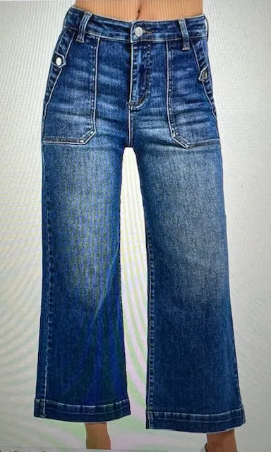 High Rise Ankle Wide Leg Patch Front Pocket Jeans Dark