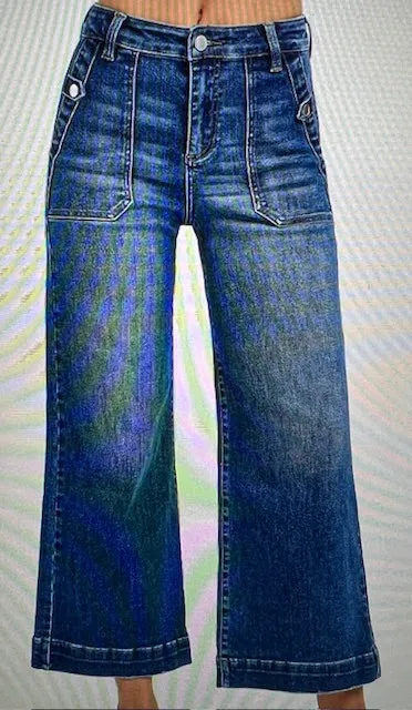 High Rise Ankle Wide Leg Patch Front Pocket Jeans Dark
